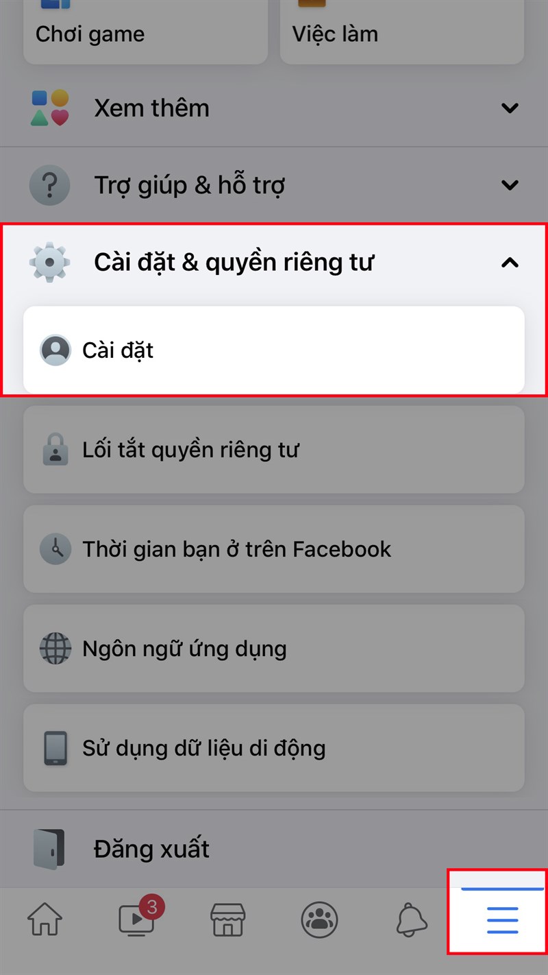 Mở ứng dụng Facebook, nhấn vào biểu tượng 3 dấu gạch > Kéo xuống và chọn Cài đặt & quyền riêng tư > Chọn Cài đặt Mở ứng dụng Facebook, nhấn vào biểu tượng 3 dấu gạch > Kéo xuống và chọn Cài đặt & quyền riêng tư > Chọn Cài đặt