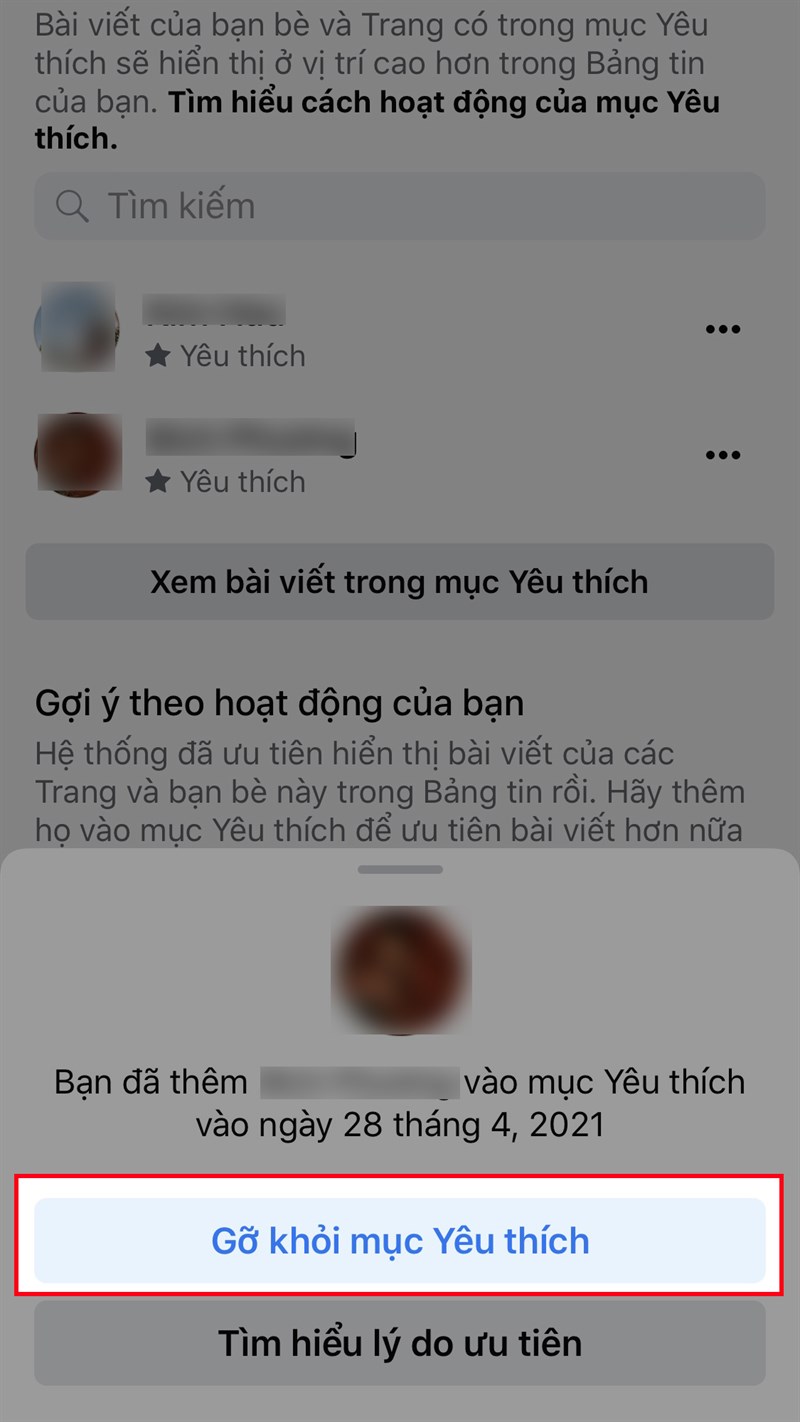 Chọn Gỡ khỏi mục Yêu thích