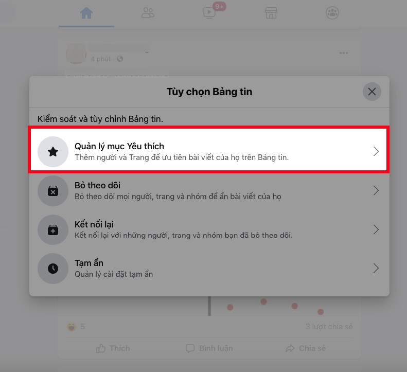 Chọn Quản lý mục Yêu thích
