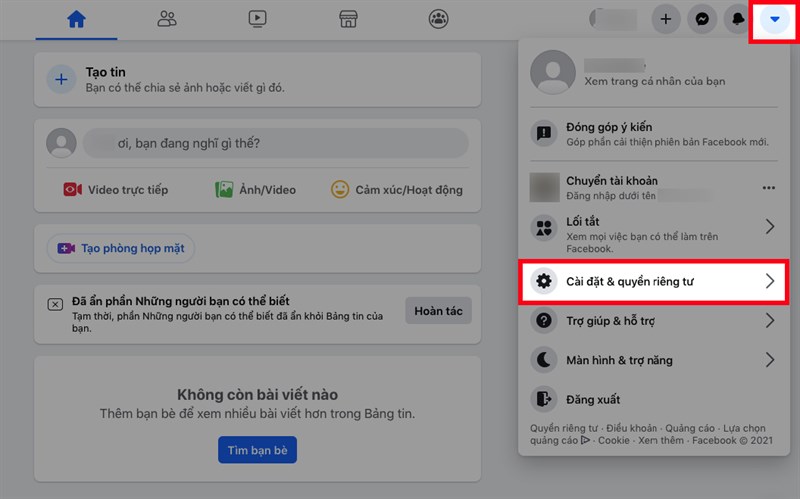 Mở Facebook trên máy tính, nhấn vào biểu tượng tam giác ở góc trên bên phải > Chọn Cài đặt & quyền riêng tư