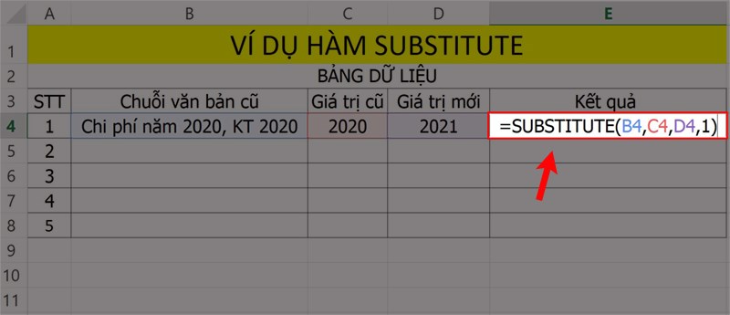 Ví dụ minh họa hàm SUBSTITUTE để thay thế ký tự ở vị trí đầu tiên.