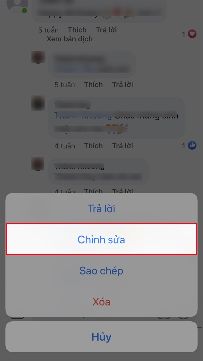 Nhấn vào bài viết có chứa bình luận của bạn > Nhấn và giữ bình luận đó > Chọn Chỉnh sửa Nhấn vào bài viết có chứa bình luận của bạn > Nhấn và giữ bình luận đó > Chọn Chỉnh sửa