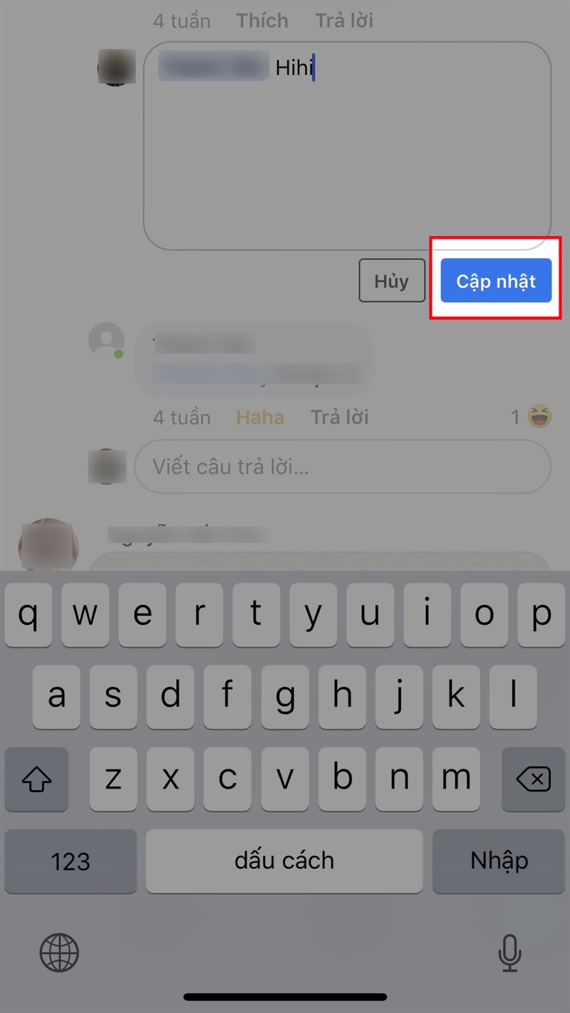 Thực hiện thay đổi nội dung bình luận > Chọn Cập nhật ở dưới nội dung bình luận Thực hiện thay đổi nội dung bình luận > Chọn Cập nhật ở dưới nội dung bình luận