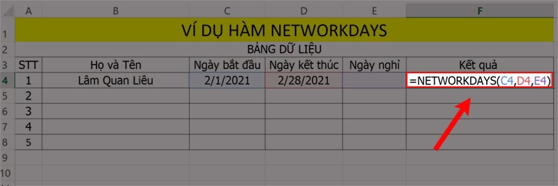 Ví dụ minh họa hàm NETWORKDAYS để tính ngày làm việc.