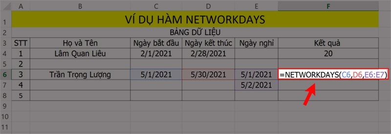Ví dụ minh họa hàm NETWORKDAYS để tính ngày làm việc có ngày nghỉ.