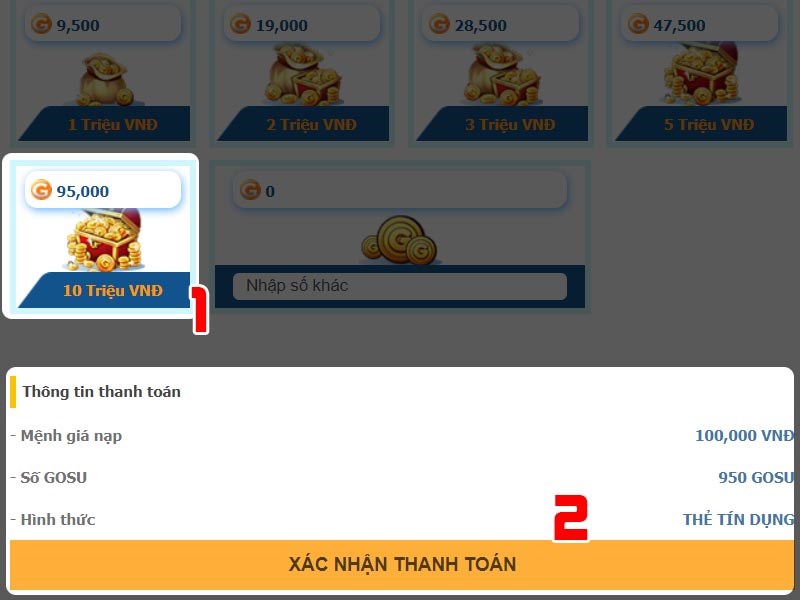 Chọn g&oacute;i nạp v&agrave; x&aacute;c nhận th&ocirc;ng tin