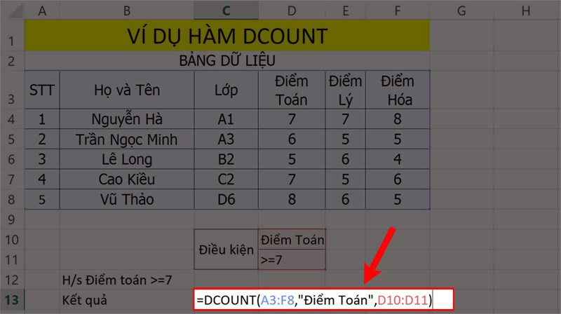 Ví dụ minh họa hàm DCOUNT đếm số với điều kiện lớn hơn hoặc bằng.