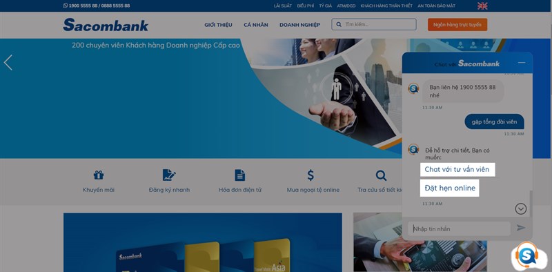 TRang chủ Sacombank, chat trực tuyến với nhân viên tư vấn
