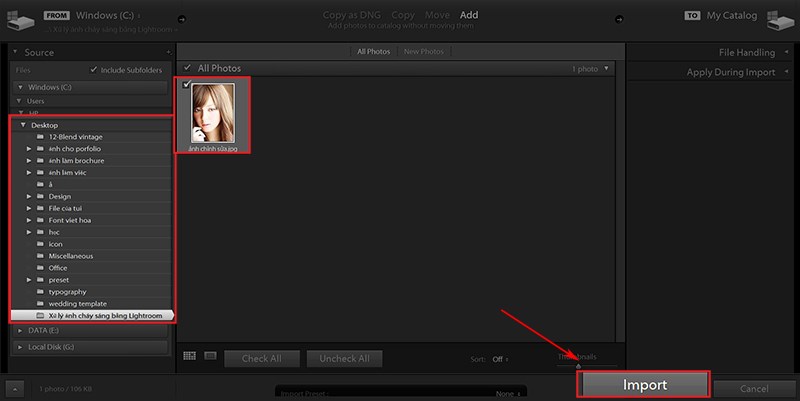 Import ảnh cần chỉnh sửa vào Lightroom