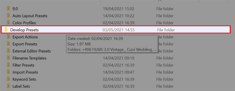 Chọn folder Develop Presets để tiến hành xóa preset trong Lightroom Chọn folder Develop Presets để tiến hành xóa preset trong Lightroom