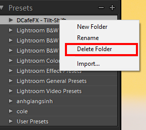 Chọn Delete Folder đối với phiên bản Lightroom 2019 trở xuống Chọn Delete Folder đối với phiên bản Lightroom 2019 trở xuống