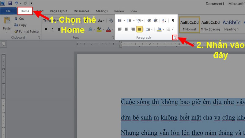 Bôi đen đoạn văn bản bị cách dòng xa > Chọn thẻ Home&nbsp;> Đi đến&nbsp;mục Paragraph&nbsp;> Nhấn vào&nbsp;mũi tên hướng xuống