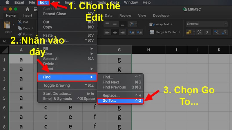 Tô chọn các cột, dòng cần sao chép > Chọn thẻ Edit&nbsp;> Nhấn vào Find > Chọn Go To..