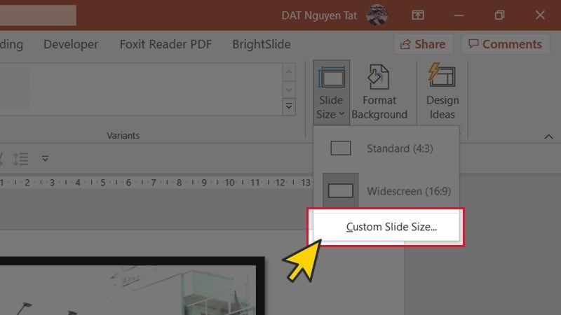 Chọn Custom Slide Size