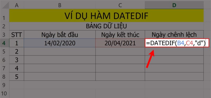 Ví dụ hiển thị hàm DATEDIF để tính toán ngày chênh lệch.