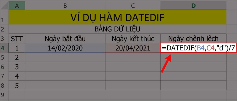 Ví dụ minh họa hàm DATEDIF để tính chênh lệch tuần.