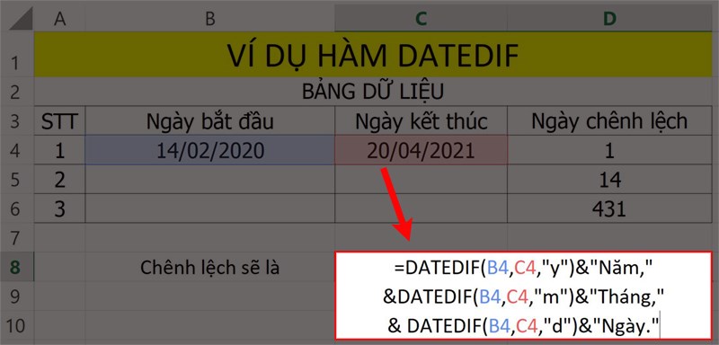 Hàm DATEDIF kết hợp.