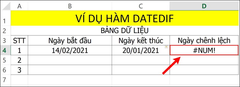 Lỗi #NUM! trong hàm DATEDIF.