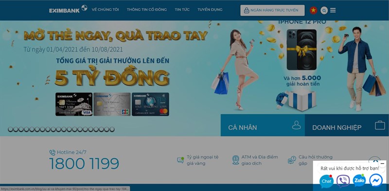 Trang chủ Eximbank, nhắn tin trực tuyến
