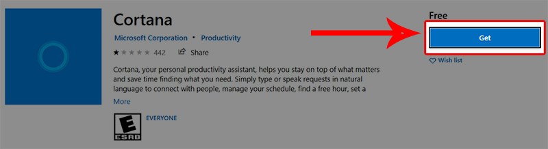 Nhấn Get và chờ Cortana tải về