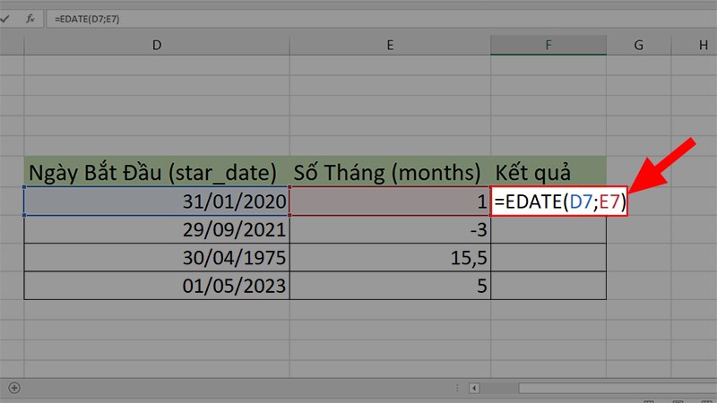 Nhập hàm =EDATE(D7;E7)