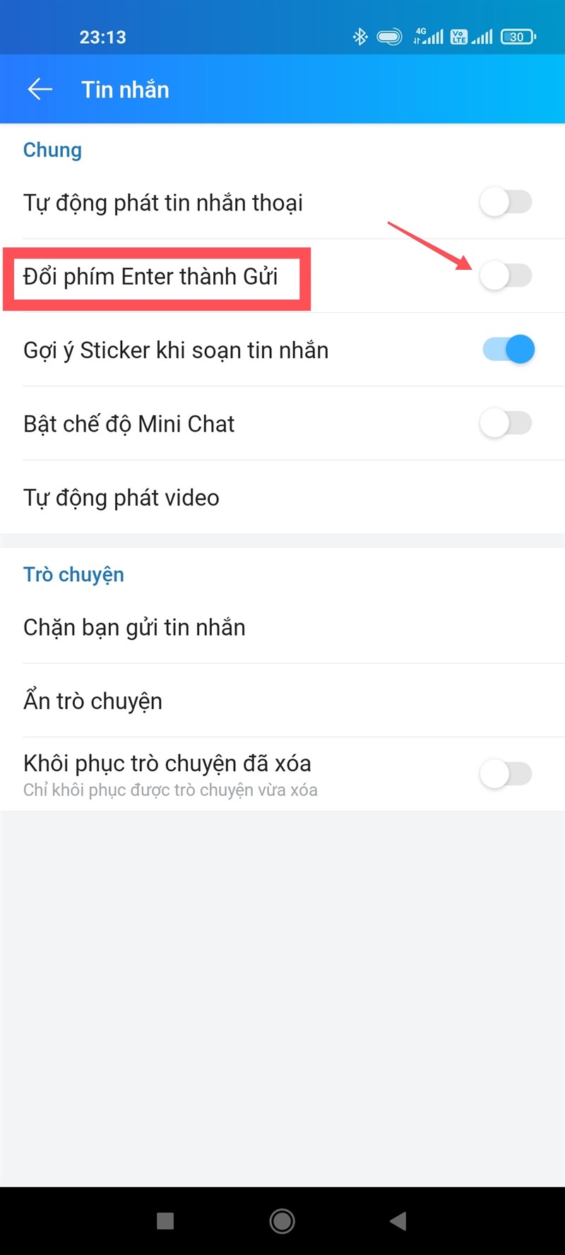 Gạt thanh trạng th&aacute;i mục&nbsp;Đổi ph&iacute;m Enter th&agrave;nh Gửi&nbsp;sang tr&aacute;i