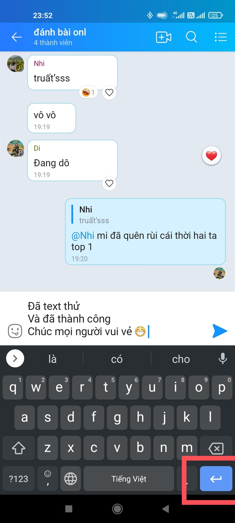 c&agrave;i đặt xuống d&ograve;ng tin nhắn trong zalo th&agrave;nh c&ocirc;ng