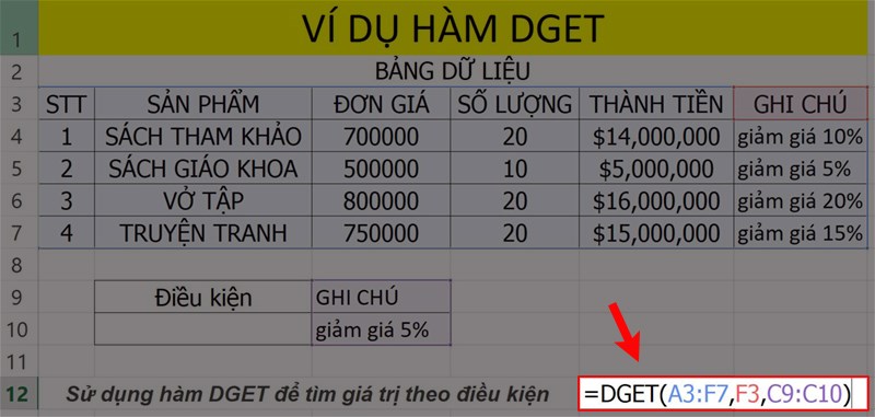 Ví dụ minh họa hàm DGET.