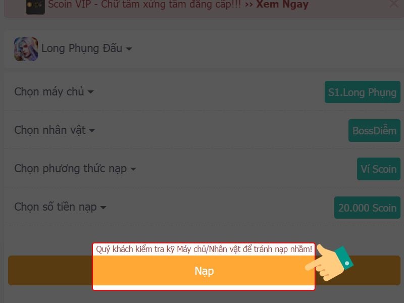 Kiểm tra th&ocirc;ng tin v&agrave; nhấn Nạp