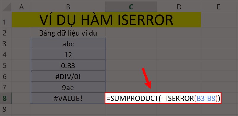 Ví dụ minh họa hàm ISERROR kết hợp hàm SUMPRODUCT.