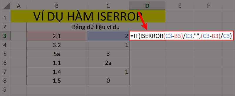 Ví dụ minh họa hàm ISERROR kết hợp hàm IF.
