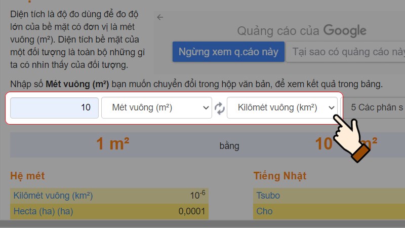 Nhập số lượng muốn chuyển > Chọn đơn vị là mét vuông (m2)