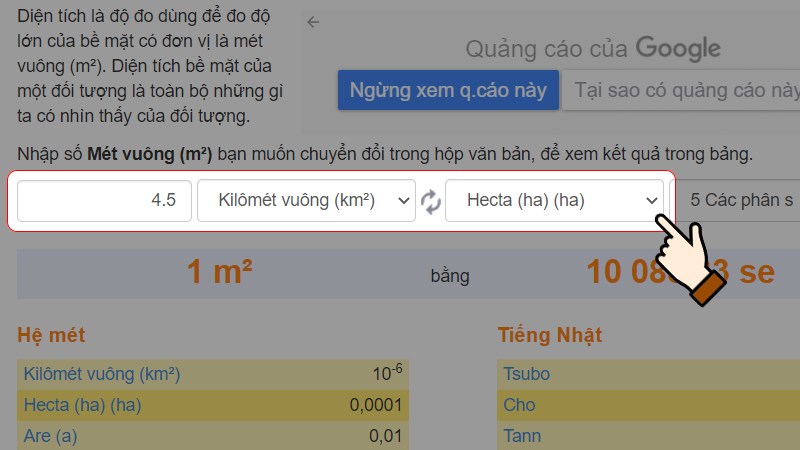 Nhập số lượng muốn chuyển > Chọn đơn vị là kilomet vuông (km2)