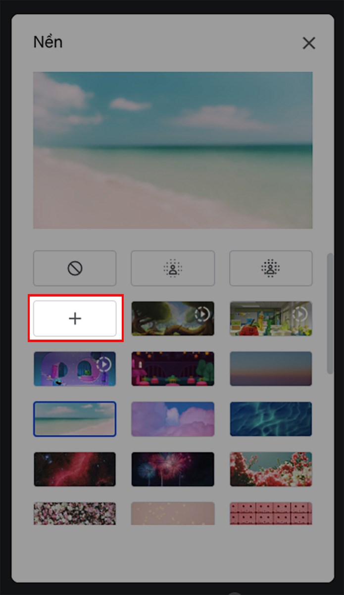 Nhấn vào biểu tượng dấu cộng ở mục Nền > Chọn ảnh để làm background > Chọn Mở