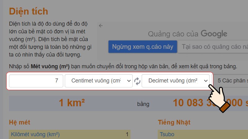 Nhập số lượng muốn chuyển > Chọn đơn vị là centimet vuông (cm2)