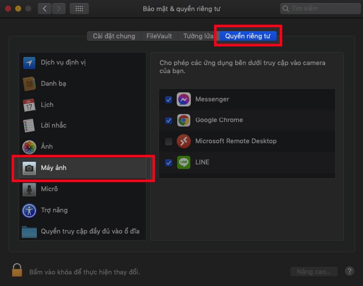 Chọn Quyền ri&ecirc;ng tư > Chọn M&aacute;y ảnh