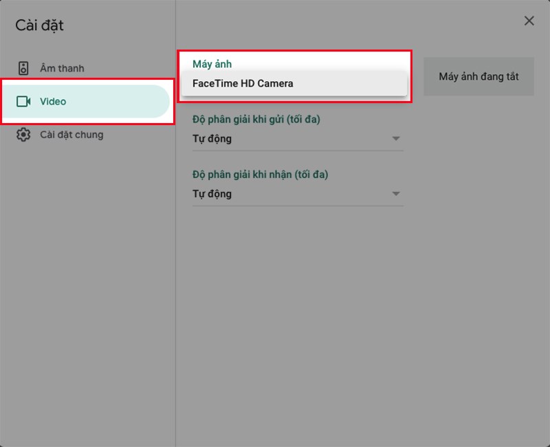 Chọn Video > Tại mục M&aacute;y ảnh, lựa chọn camera mặc định của m&aacute;y t&iacute;nh
