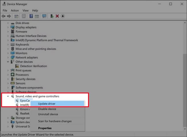 K&eacute;o xuống chọn mục Sound, video and game controllers > Nhấn chuột phải v&agrave;o mục EpocCam > Chọn Update driver