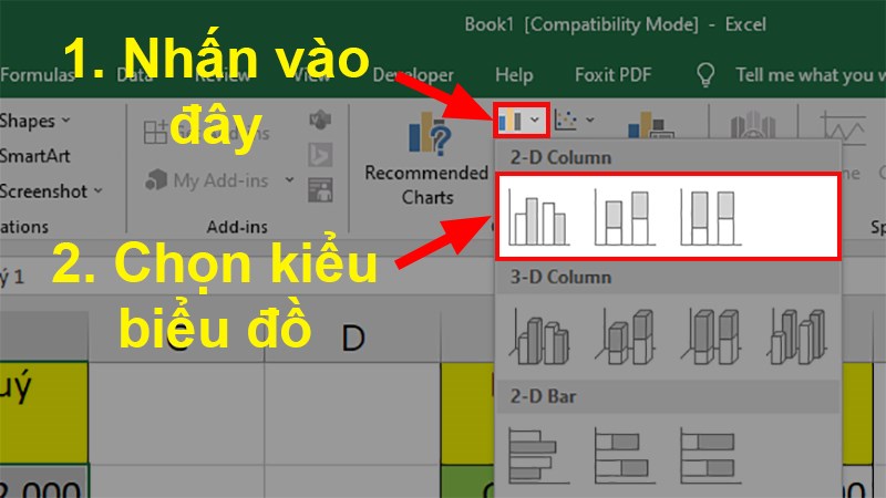 Nhấn vào Column > Chọn 2-D Column > Chọn kiểu biểu đồ