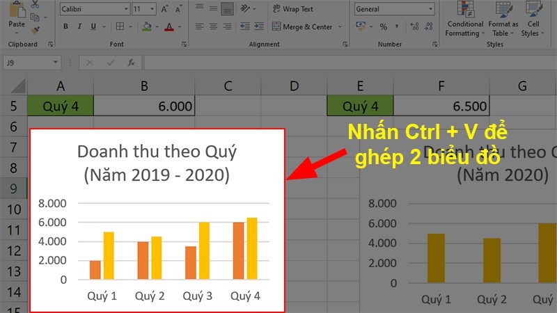 Nhấn chọn biểu đô dữ liệu 1 > Nhấn tổ hợp phím Ctrl + V để ghép 2 biểu đồ lại với nhau