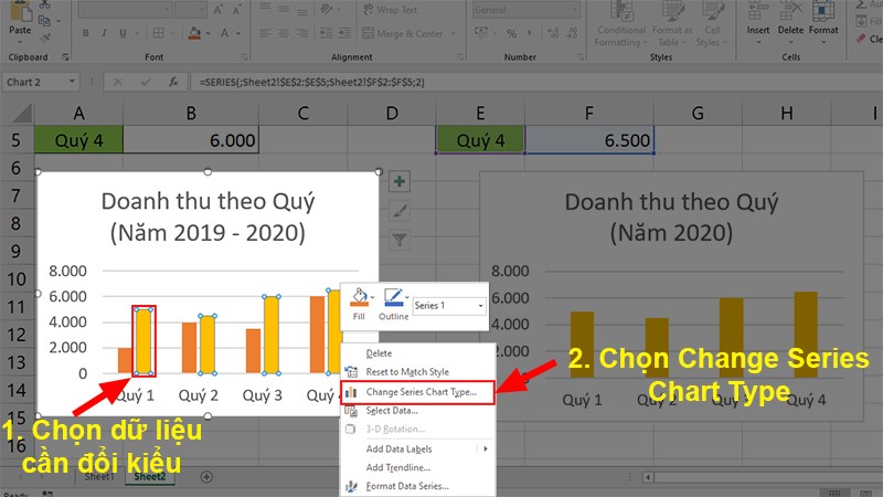 Nhấn vào dữ liệu bạn muốn thay đổi kiểu biểu đồ > Nhấn chuột phải > Chọn Change Series Char Type