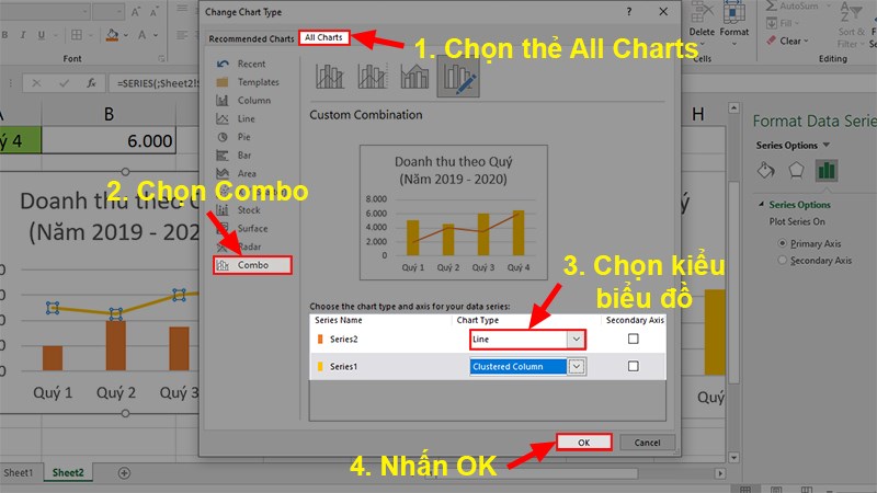 Ở hộp thoại hiện lên > Chọn thẻ All Chart > Chọn mục Combo > Chọn kiểu biểu đồ theo yêu cầu của ví dụ > Nhấn OK