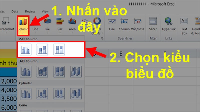 Nhấn vào Column > Chọn 2-D Column > Chọn kiểu biểu đồ