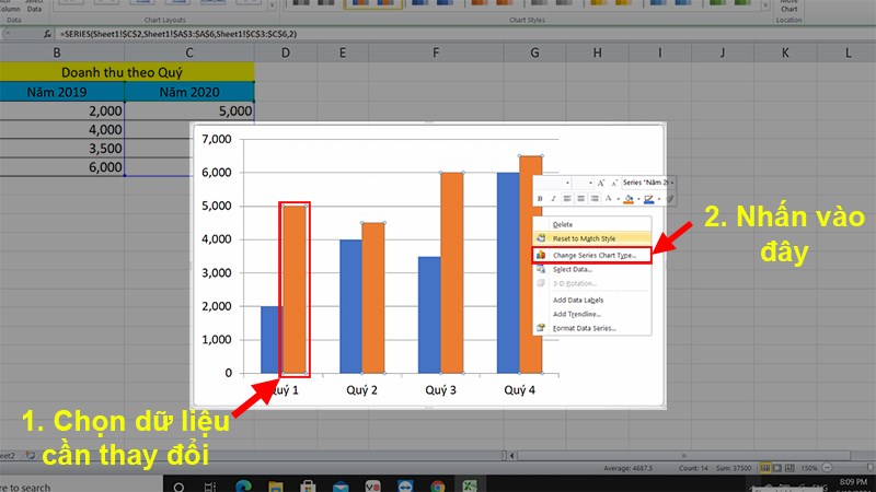 Chọn dữ liệu thứ 2 có trong bảng > Nhấn chuột phải > Chọn Change Series Chart Type