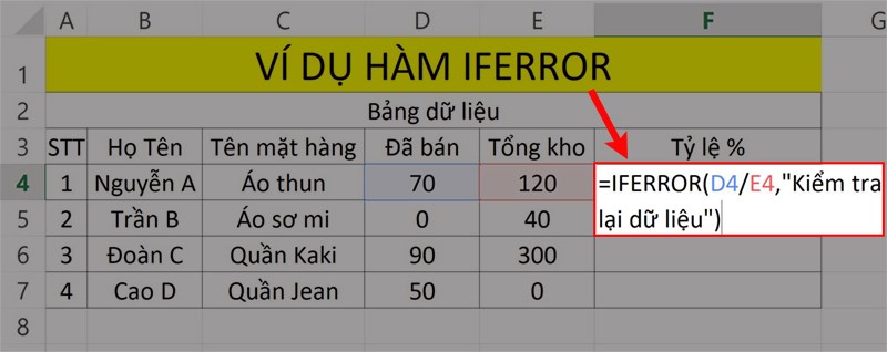 Bài tập minh họa hàm IFERROR.