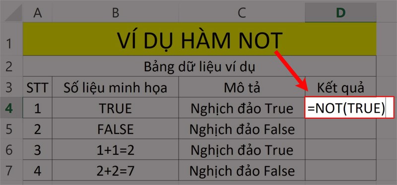 Ví dụ minh họa hàm NOT.