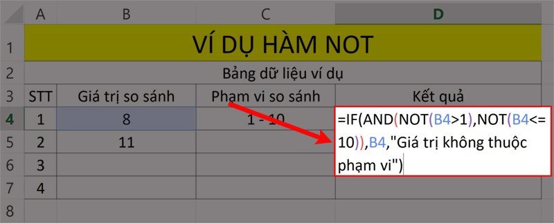 Ví dụ minh họa hàm NOT kết hợp hàm AND.