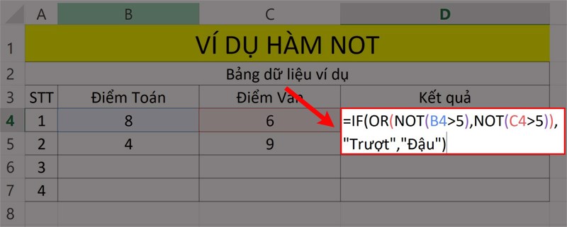 Ví dụ minh họa hàm NOT kết hợp hàm OR.