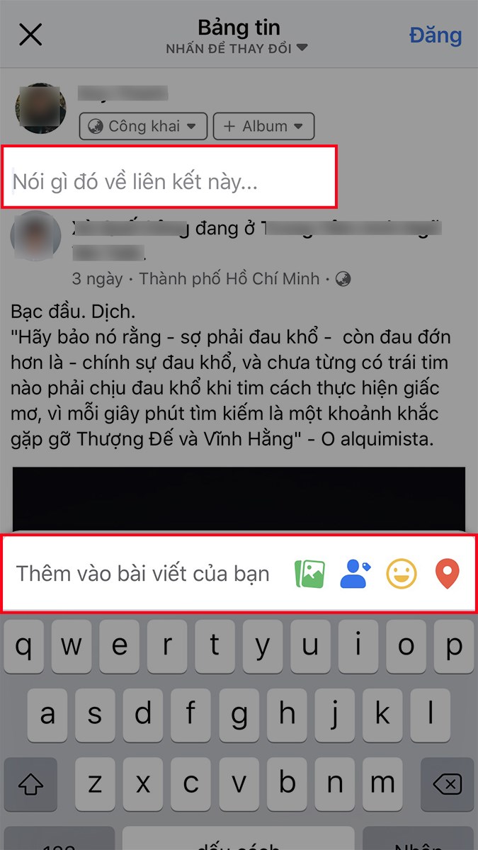 Viết cảm nghĩ về bài viết mà bạn chia sẻ ở mục Nói gì đó về liên kết này và gắn thẻ bạn bè, thêm cảm xúc, vị trí ở mục Thêm vào bài viết của bạn