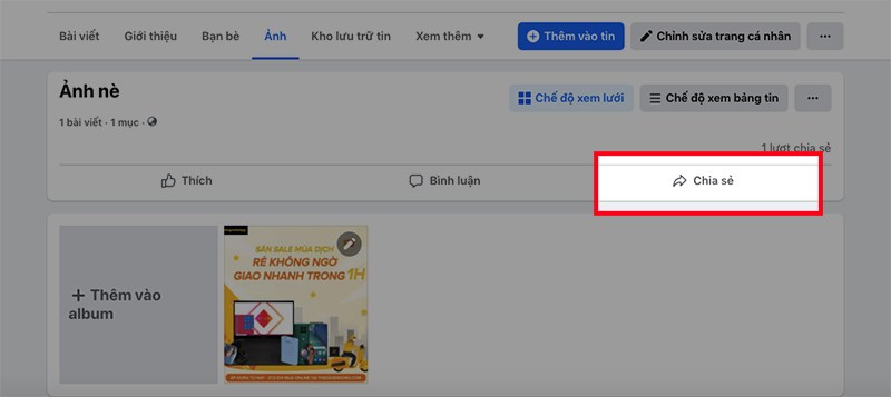 Nhấn v&agrave;o album ảnh m&agrave; bạn muốn chia sẻ > Chọn Chia sẻ